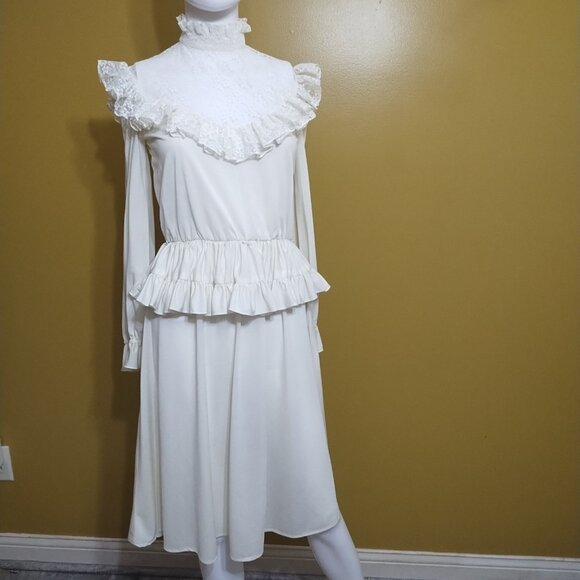 VTG 70's Creations by Aria Lace Trimmed Peplum Dress Size S Retro Wedding - Picture 1 of 8